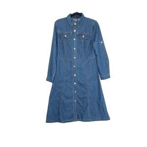Allegra K Womens Blue Button Down Long Sleeve Collared Denim Shirt Dress Size XS